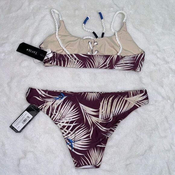 TAVIK REIGN Swim Top PRINT LATONA PALM MERLOT & ALI Moderate Swim Bottom Size Sm - Picture 7 of 11